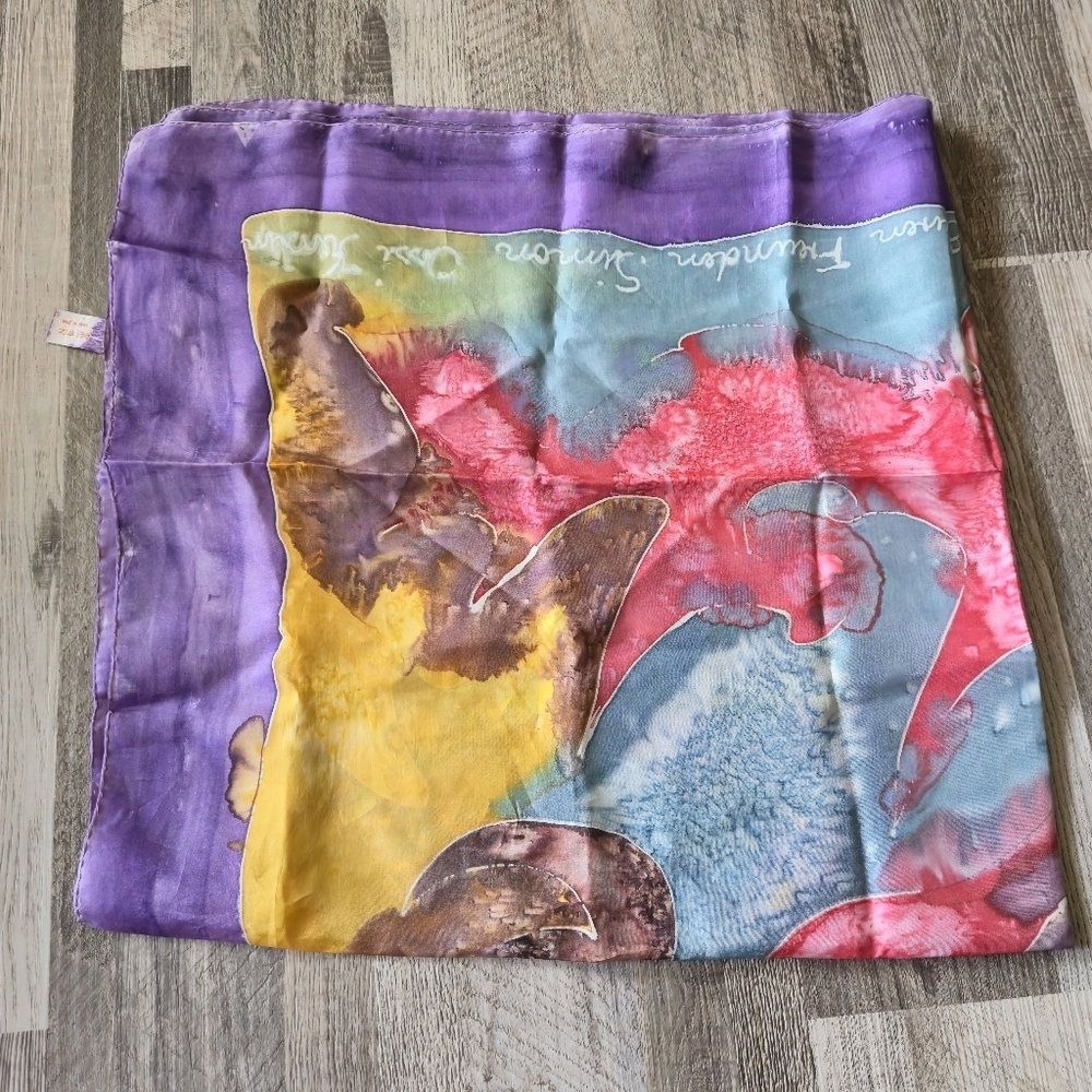 AUSTRIAN 100% Silk Scarf OS Hand Painted Abstract Watercolor Calligraphy - Picture 12 of 12